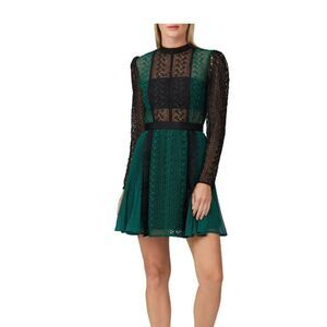 Self Portrait Green And Black Lace Mini Dress Flowy Sides Sheer Lined